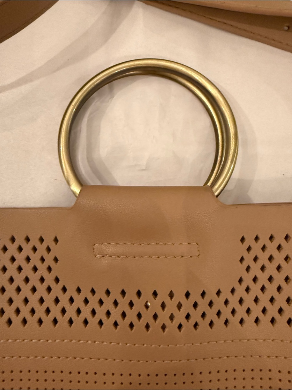 Anthropologie Tan Perforated Ring Handle Crossbody Bag - Vegan Leather Tote - Picture 4 of 11